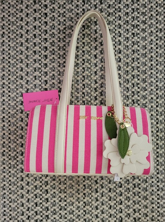 Betsey Johnson Handbags - Betsey Johnson Pink and White Striped Shoulder Bag with Floral Charm